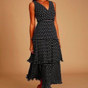 Lulus Do-si-do Black Polka Dot Pleated Tiered Maxi Dress - Size XS